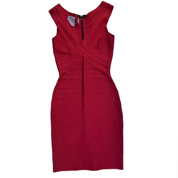 Herve Leger v neck cross cross detail red midi bandage dress w/ zipper & clasp - Picture 2 of 11